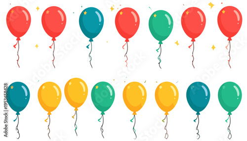 Colorful balloons tied with ribbons.