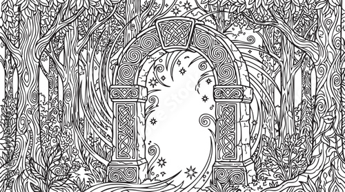 Intricate magical forest gateway featuring an ornate ancient archway leading to a swirling ethereal portal, perfect for coloring