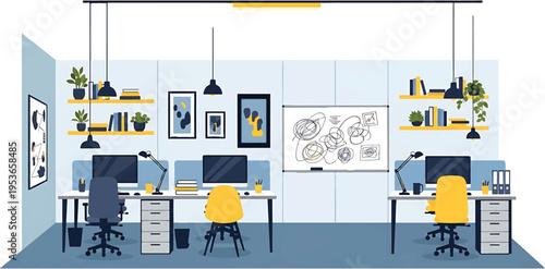 Modern Office Interior with Desks Computers and Creative Workspace.