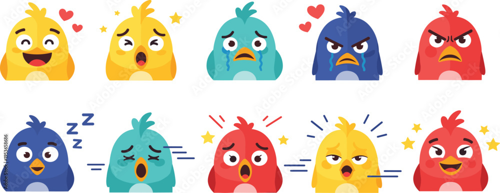 Obraz premium Set of Cute Cartoon Birds Expressing Different Emotions Including Happiness, Sadness, Anger, Sleepiness, and Love