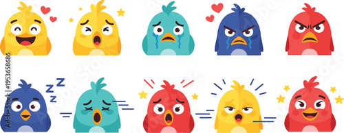 Set of Cute Cartoon Birds Expressing Different Emotions Including Happiness, Sadness, Anger, Sleepiness, and Love