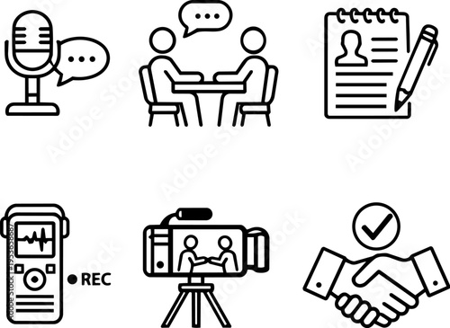 Media interview journalism broadcast press communication line icons
