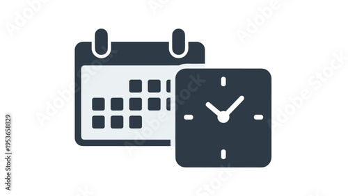 Flat icon design featuring a dark calendar behind a clock, representing schedule management, time tracking, appointments, and organization tools.