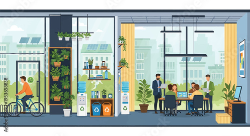Modern office interior with people working and sustainable features.