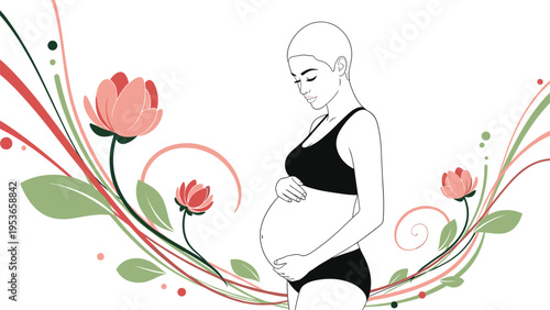 Elegant illustration of a pregnant woman side profile surrounded by delicate pink lotus flowers and green leaves on a white background.