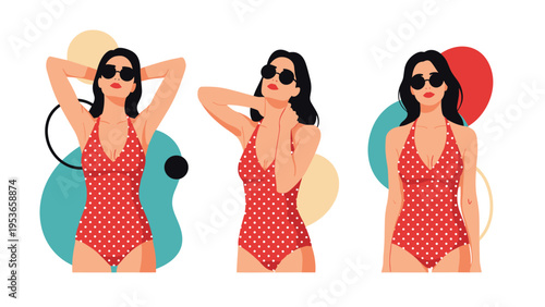 Stylish flat illustration of a young woman wearing a red polka-dot one-piece swimsuit and sunglasses in three different elegant summer poses.