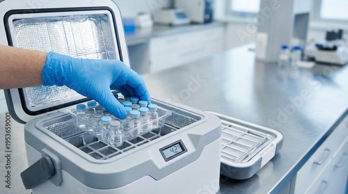 Medical professional handling vaccine vials in portable cold storage cooler in laboratory.