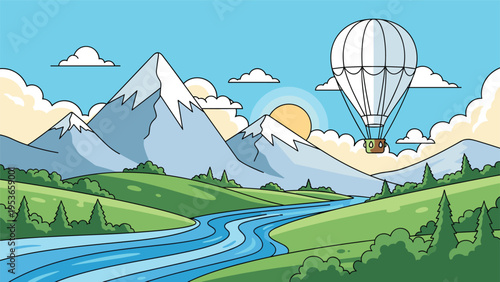 Scenic pixel art landscape featuring a winding river flowing through green hills with snow-capped mountains and a hot air balloon in the sky.