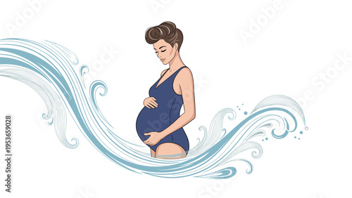 Artistic illustration of a pregnant woman wearing a blue swimsuit standing amidst stylised blue water waves on a clean white background.