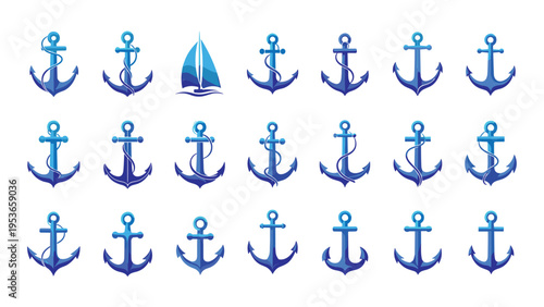 Large set of various maritime anchor icons and one small sailboat icon in different blue shades and styles on a white background.