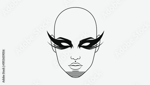 Striking black and white line art portrait of a bald woman with dramatic feathered eye makeup and minimalist facial features on grey background.