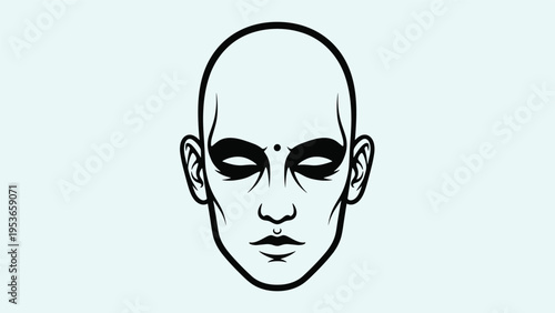 Minimalist black and white line art illustration of a serene bald face with closed eyes and a bindi dot on the forehead for meditation theme.