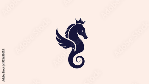 Elegant dark silhouette of a seahorse featuring feathered wings and a small crown on its head isolated on a light peach background.