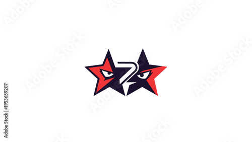 Modern logo design featuring two stylized overlapping stars in red and black with sharp eyes creating a fierce and dynamic character look.