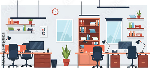 Modern OpenPlan Office Interior with Desks Computers and Office Chairs.