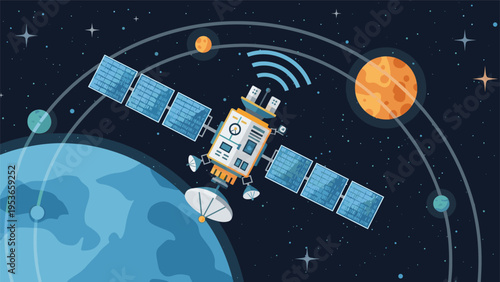 Detailed flat illustration of a telecommunications satellite orbiting planet Earth in space with various planets and stars in the background.