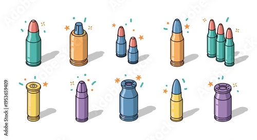 Ammunition bullets with different colors isometric vector illustration. Weapon, war and military ammunition concept with sparklings. Decorative set for posters, websites, and other projects