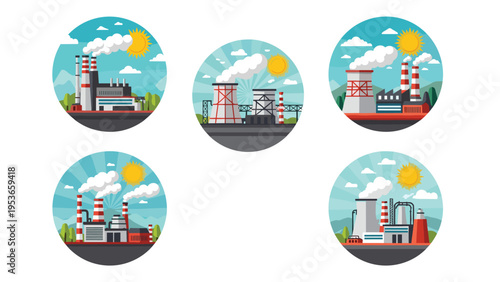 Collection of five circular flat vector icons showing different types of industrial power plants and factories with smoking chimneys and sun.