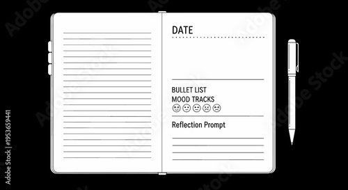 Organized journal with reflection prompts and mood tracker on seamless black, offering motivation and a mindfulness mindset through clean minimalist open spread layout
