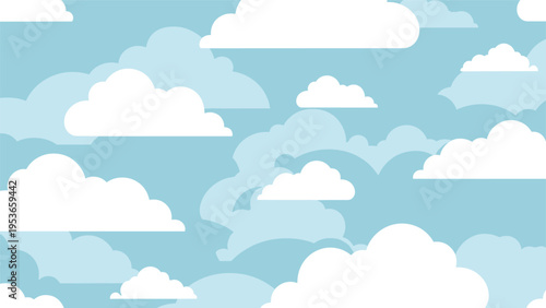 Simple flat background illustration featuring a repeating pattern of fluffy white clouds against a bright blue sky for a peaceful atmosphere.