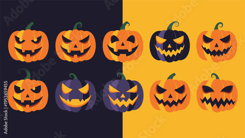 Comprehensive collection of ten unique jack-o'-lantern pumpkin icons with various spooky and funny carved faces in orange and purple colors.