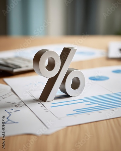 Wooden percent symbol placed on a table in a modern interior with soft natural light. Concept of finance, interest rate, pricing, savings, investment, analysis, and minimal workspace.