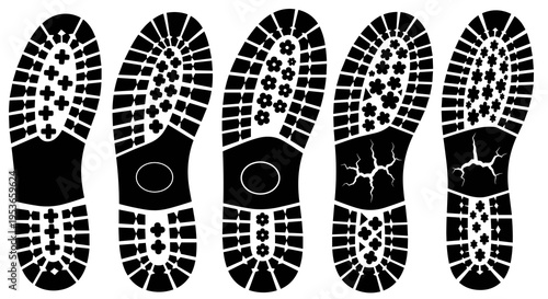 Five black sole prints line up the center highlighting textures and designs that represent wear, damage, and various stages of use in an illustrative style.