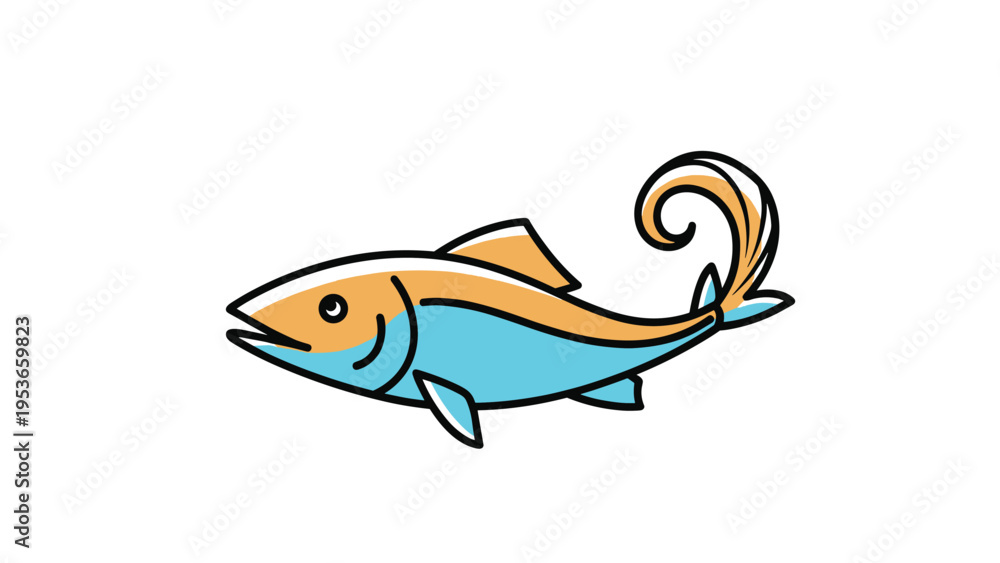 Fototapeta premium Friendly looking fish with a curved tail is rendered in bright orange and blue colors on a clean white background.