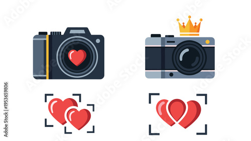 Set of photography icons featuring cameras with heart symbols on the lens and frames focusing on red hearts for love.