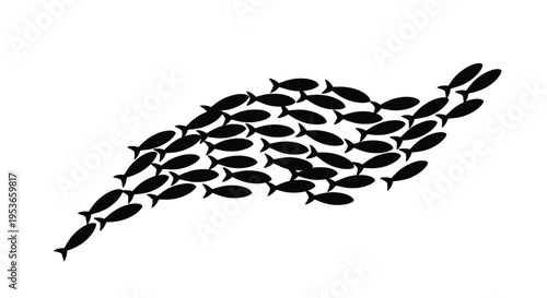 A school of black fish swim in a curved formation