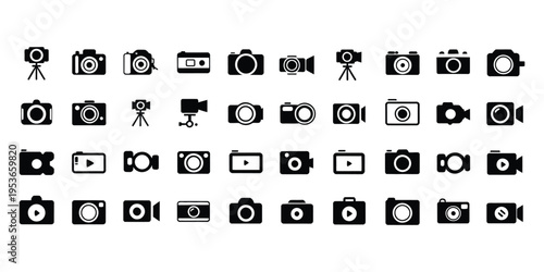 Camera photo video icon set, vector illustrations of photography and videography symbols, including camera, photo, and video icons
