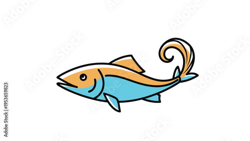 Friendly looking fish with a curved tail is rendered in bright orange and blue colors on a clean white background.