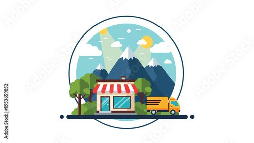 Circular landscape emblem features a charming small shop with a striped awning and a yellow delivery truck in front of mountains.