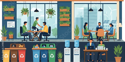 People working and collaborating in a modern ecofriendly office space with recycling bins and water dispensers.