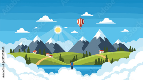 Man stands at the edge of a cloud looking out over a green valley with majestic snow capped mountains and a hot air balloon.