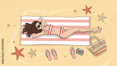Top down view of a woman in a striped bikini relaxing on a beach towel surrounded by flip flops, camera, and starfish.