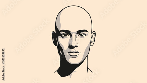 Detailed portrait of a bald man with sharp features and thoughtful expression rendered in a clean graphic style.