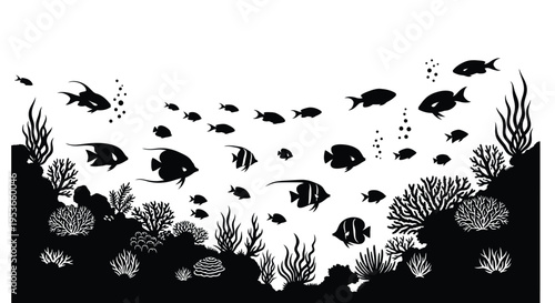 Black and white illustration of a vibrant underwater scene with fish
