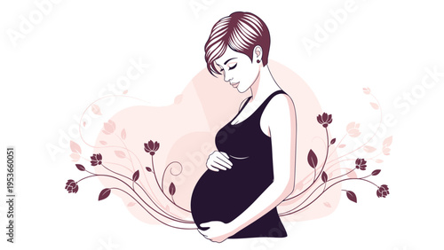 Graceful silhouette of a pregnant woman with short hair wearing a black tank top surrounded by delicate floral patterns.