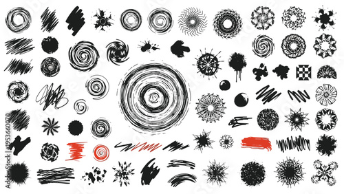 Massive collection of abstract ink blots, brush strokes, scribbles, and textures in black and red on a white background.
