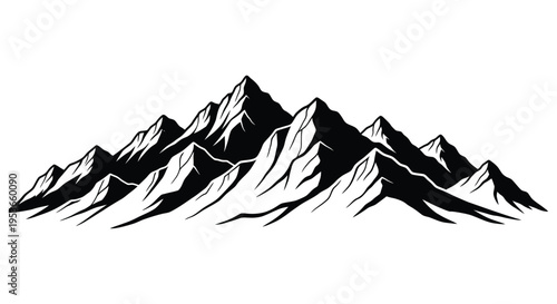 A striking black and white illustration of jagged mountain peaks