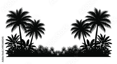 Silhouetted tropical palm trees and lush vegetation against a white background