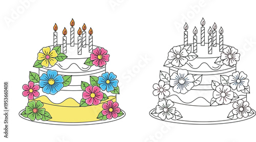 Vector illustration of a two-tier birthday cake decorated with colorful flowers and lit candles, including a black and white line art version for kids coloring book activities.