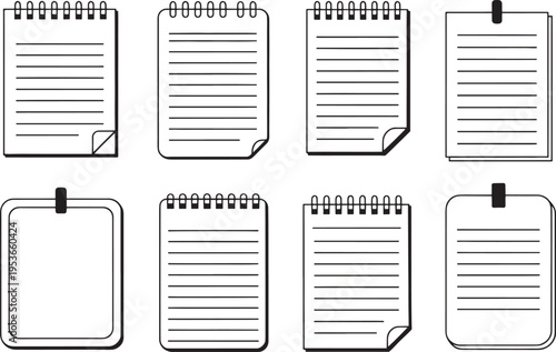 A collection of eight different styled black and white notepad outlines featuring spiral bindings, clips, and curled page corners for graphic design.