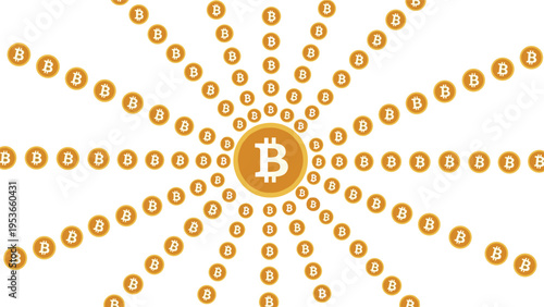 Central golden bitcoin symbol radiates smaller bitcoin coins in all directions creating a dynamic and expansive financial graphic.