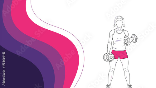 Line drawing of a woman in fitness gear performing dumbbell bicep curls against a wavy purple and pink background design.