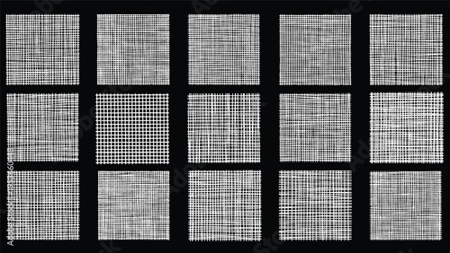 Collection of fifteen white grid and mesh textures in square frames displayed against a stark black background for design.