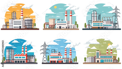 Set of six different industrial power plants and factories shown at various times of day with unique architectural designs.