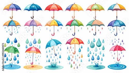 Colorful umbrellas with raindrops falling.