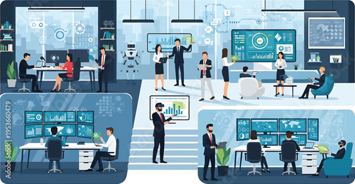 People working in a modern office with advanced technology and data displays.